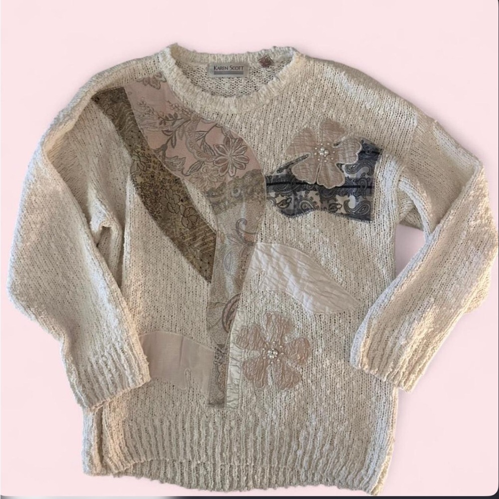 Karen Scott Women's Cream Sweater with Floral Patterns